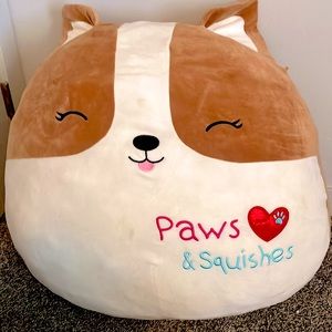 A 24 inch squish, mellow dog. That has paws and squishes with a heart with a paw